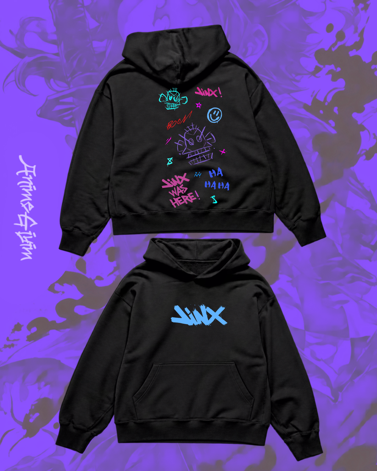 Arcane Tasarımlı Siyah İçi Polarlı Kapüşonlu Sweatshirt