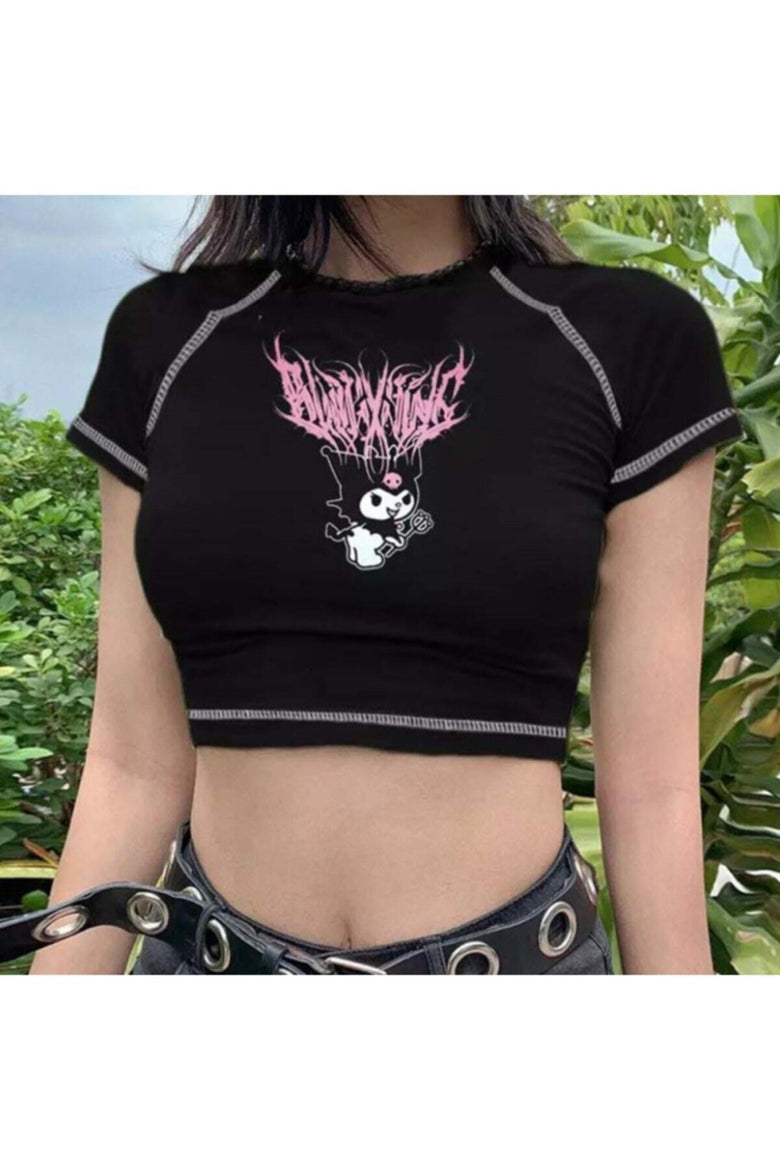 Gothic Harajuku Fashion Anime Kuromi Sanrio Yarım Kadın T-shirt