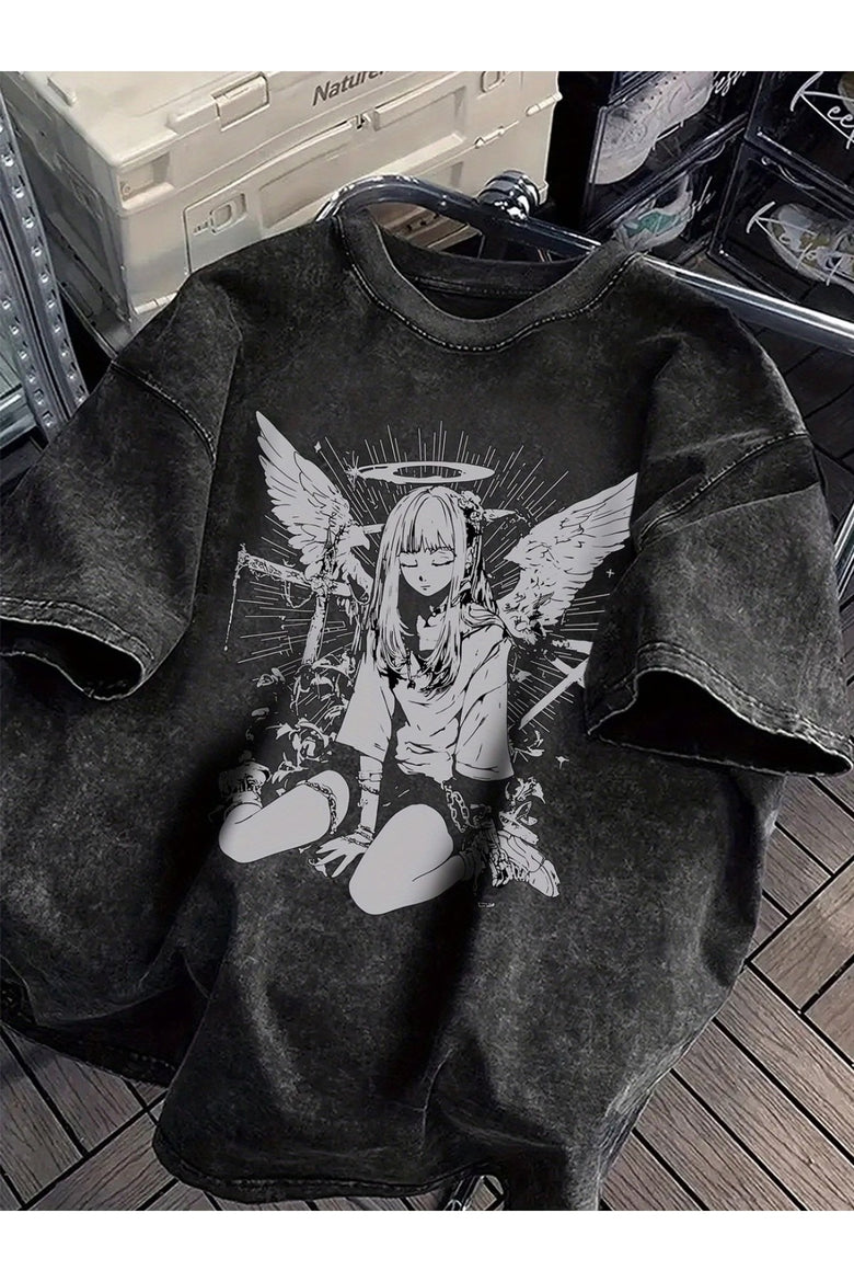 Grunge Dark Anime Baskılı Unisex Yıkamalı Vintage Oversize T-Shirt