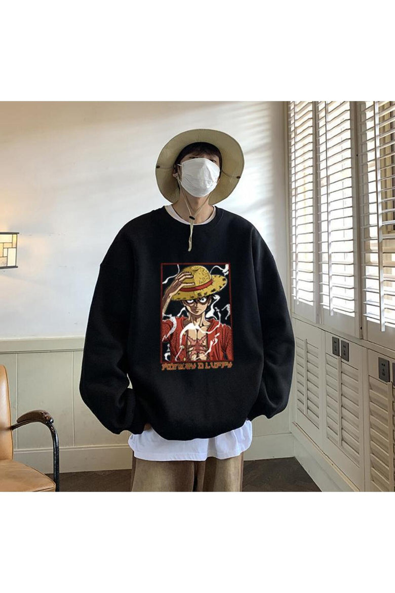 One Piece Monkey D Luffy Baskılı Siyah Unisex Oversize Bisiklet Yaka Sweatshirt