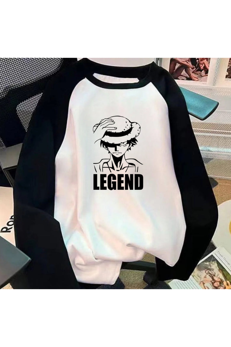 Anime Legend Luffy Baskılı Reglan Uzun Kollu Baskılı Beyaz T-Shirt