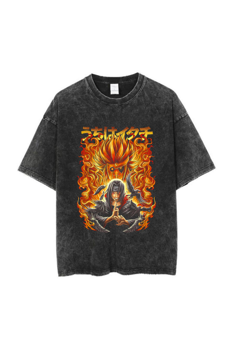 Yıkamalı Anime Naruto Itachi Baskılı Unisex Oversize Vintage T-shirt