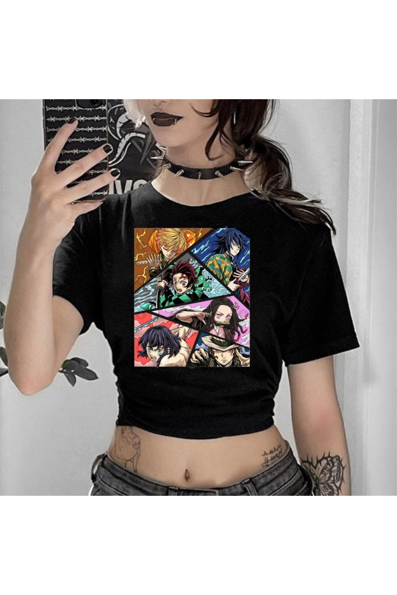 Eyl Anime Deoman Slayer Kolaj Baskılı Siyah Crop