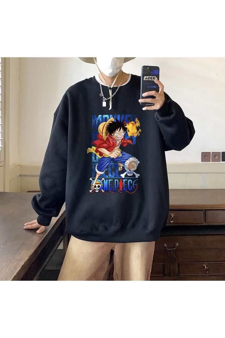 One Piece Running Baskılı Siyah Unisex Oversize Bisiklet Yaka Sweatshirt