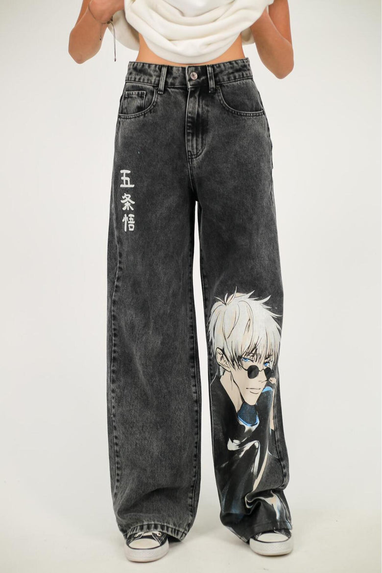 Kar Yıkamalı Anime Satoru Gojo Desenli Baggy Pantolon