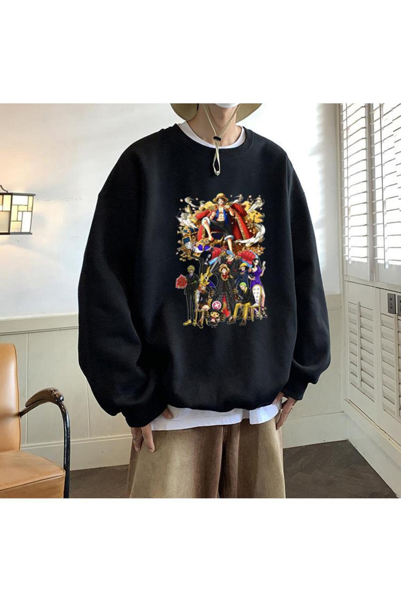 One Piece All Characters Baskılı Siyah Unisex Oversize Bisiklet Yaka Sweatshirt