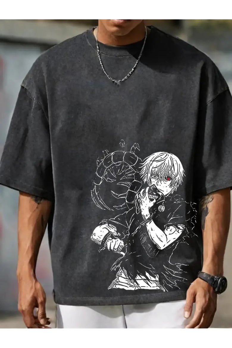 Tokyo Gholul Anime Baskılı Yıkamalı Vintage Unisex Oversize T-Shirt