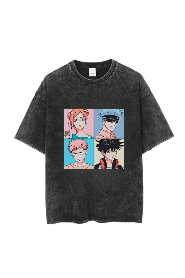 Yıkamalı Anime Jujutsu Kaisen Baskılı Unisex Oversize Vintage T-shirt