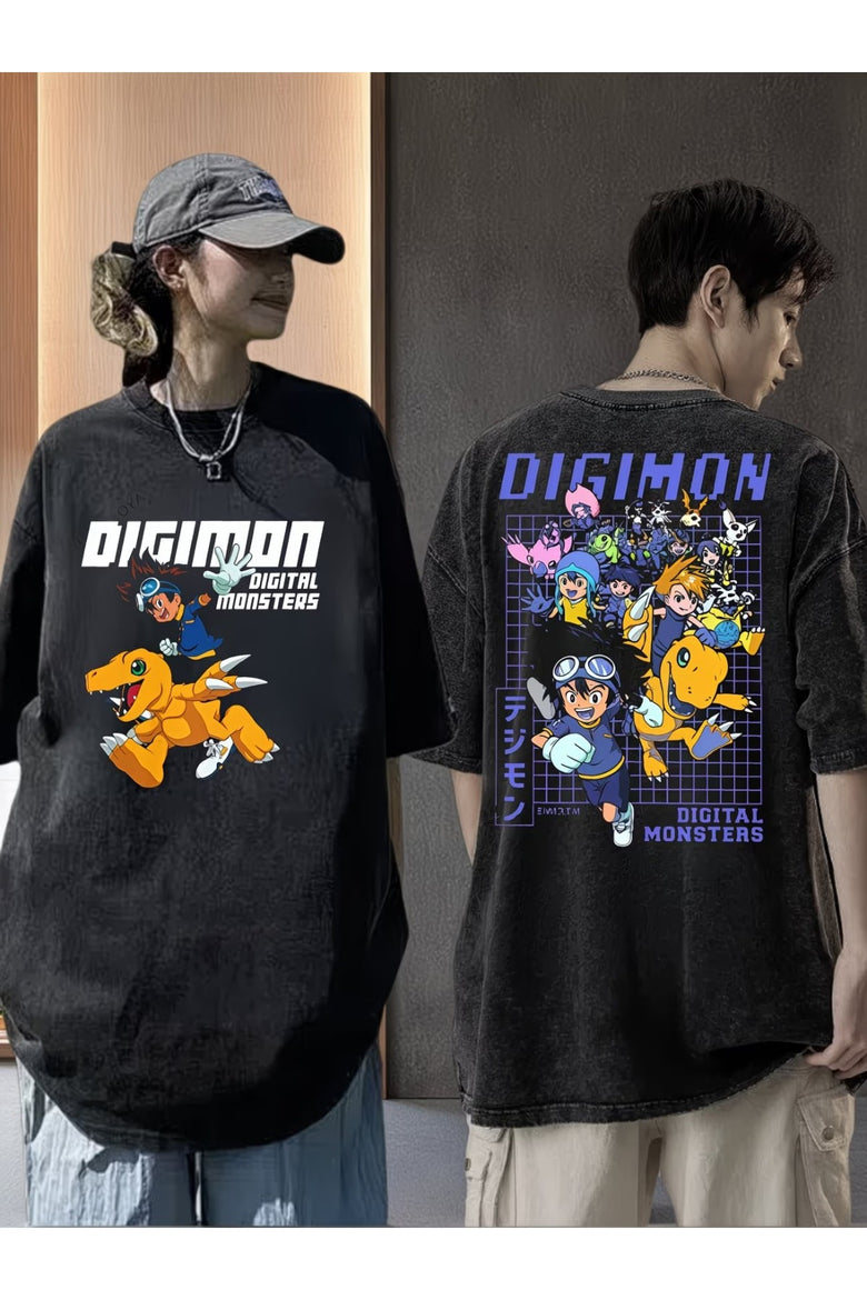 Anime Digimon Baskılı Unisex Yıkamalı Vintage Oversize T-Shirt