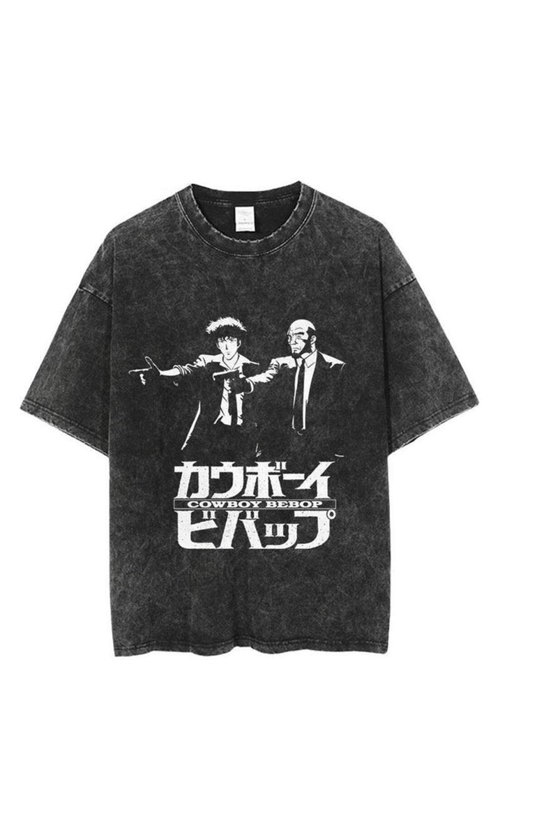 Yıkamalı Anime Cowboy Bebop Baskılı Unisex Oversize Vintage T-shirt