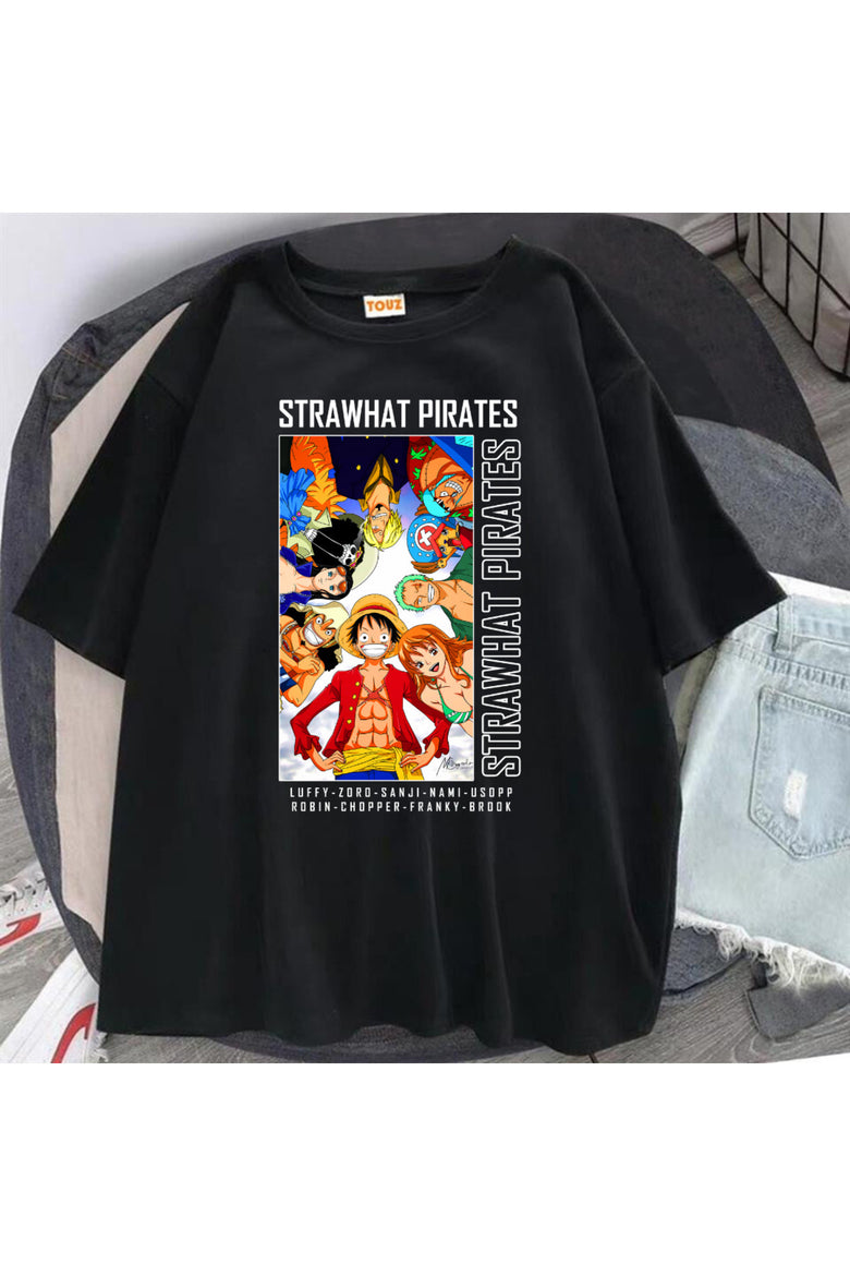 Harajuku Anime One Piece Strawhat Siyah Oversize T-Shirt