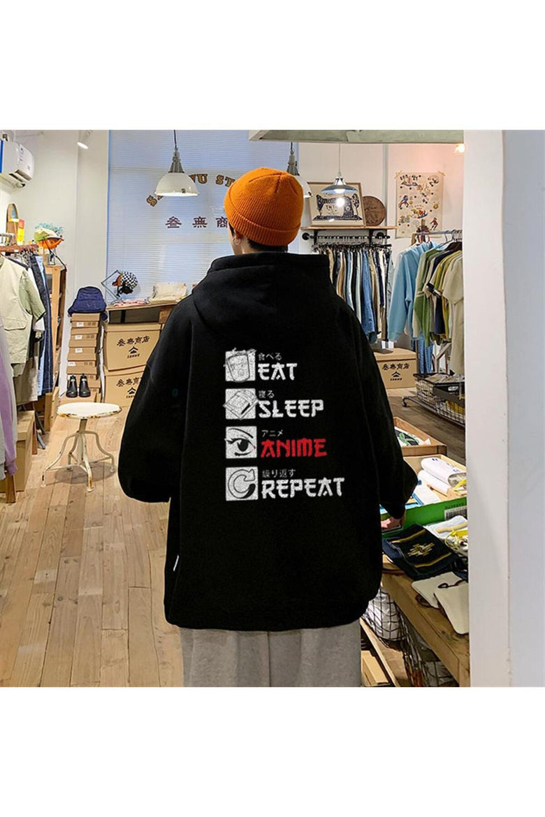 LAGOM MODA Eat Sleep Anime Repeat Sırt Baskılı Siyah Unisex Oversize Kapüşonlu Sweatshirt