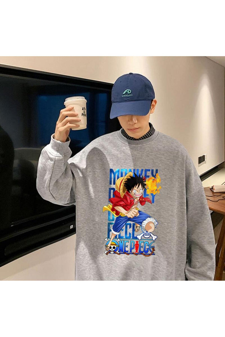 One Piece Running Baskılı Gri Unisex Oversize Bisiklet Yaka Sweatshirt