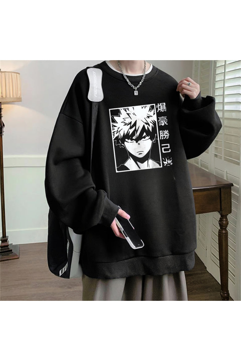 Anime Harajuku My Hero Academia Katsuki Bakugo Baskılı Siyah Unisex Oversize Bisiklet Yaka Sweats