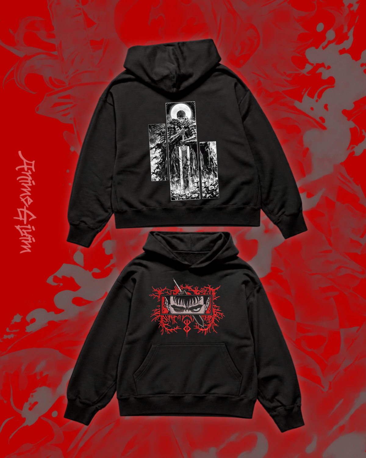 Anime Berserk Tasarımlı Siyah İçi Polarlı Kapüşonlu Sweatshirt