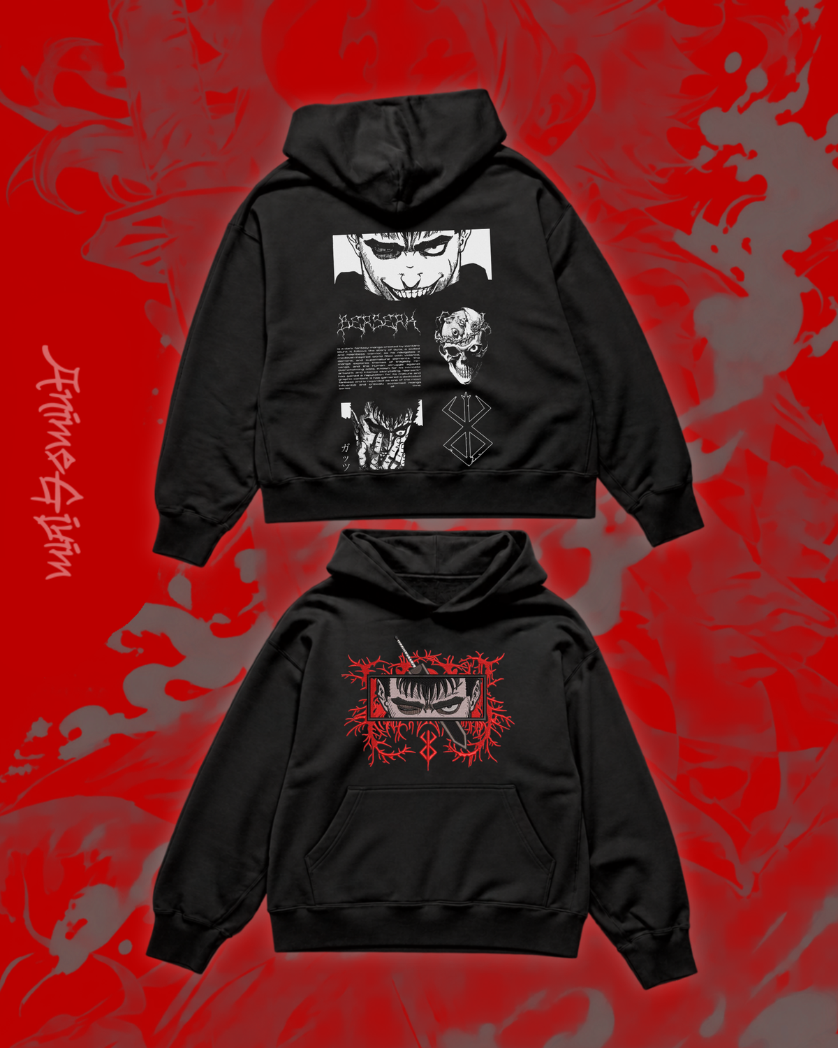 Anime Berserk Tasarımlı Siyah İçi Polarlı Kapüşonlu Sweatshirt