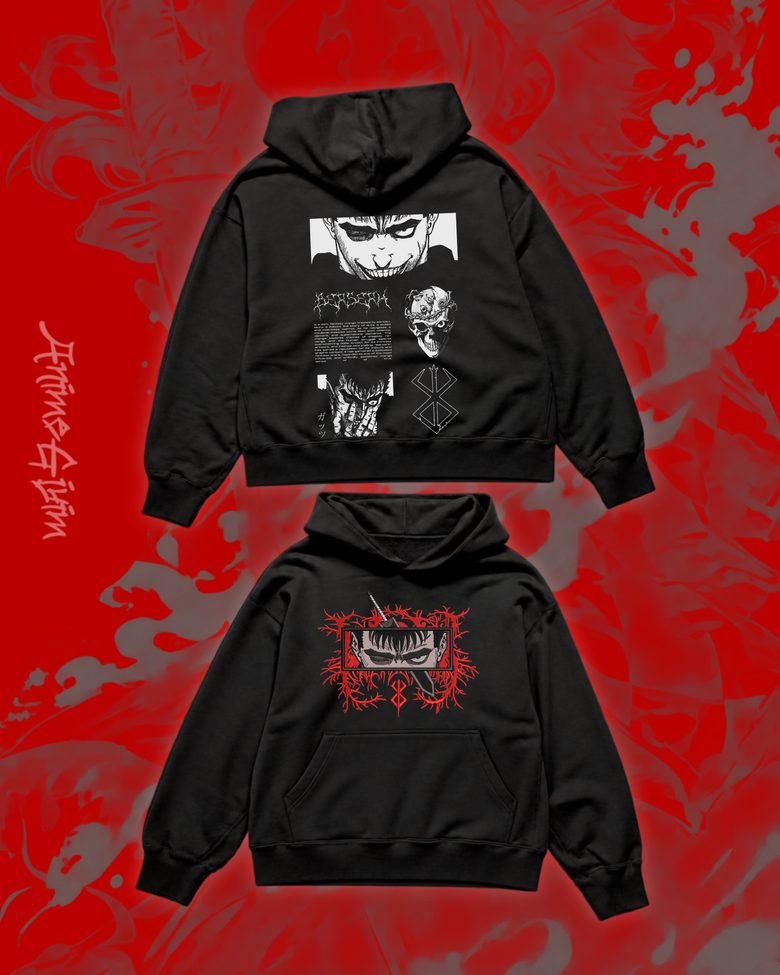 Anime Berserk Tasarımlı Siyah İçi Polarlı Kapüşonlu Sweatshirt
