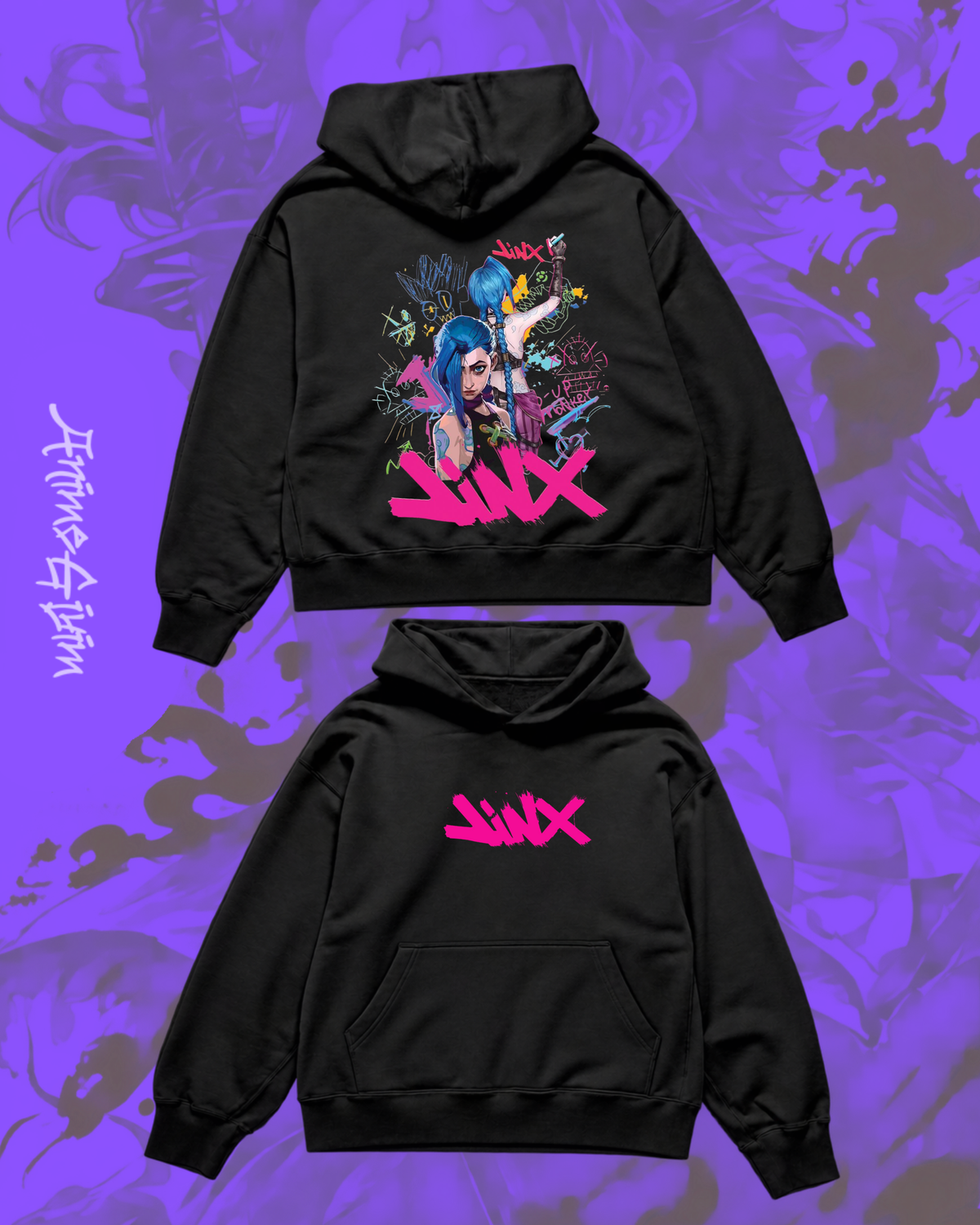 Arcane Tasarımlı Siyah İçi Polarlı Kapüşonlu Sweatshirt