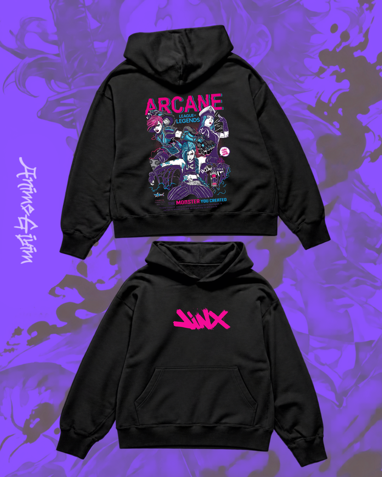 Arcane Tasarımlı Siyah İçi Polarlı Kapüşonlu Sweatshirt