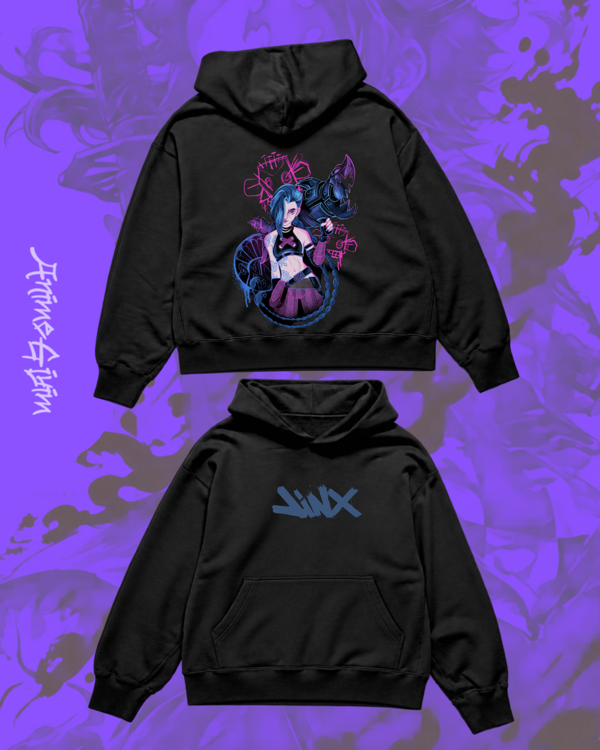 Arcane Tasarımlı Siyah İçi Polarlı Kapüşonlu Sweatshirt