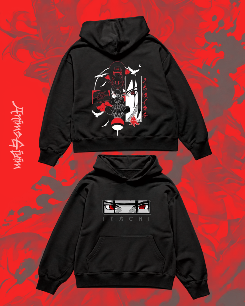 Naruto Itachi Uchiha Göz Tasarımlı Siyah İçi Polarlı Kapüşonlu Sweatshirt