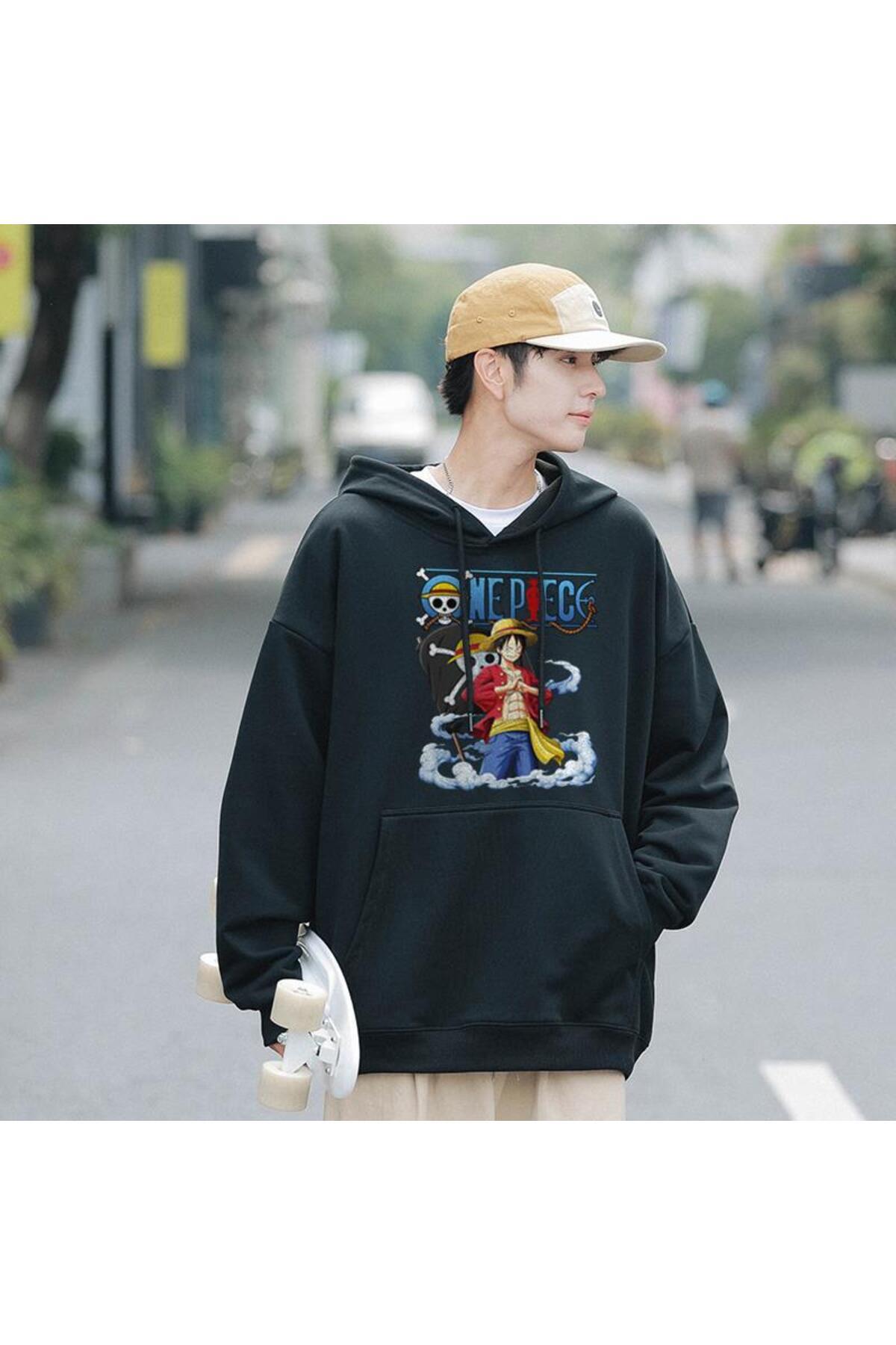 One Piece On The Clouds Baskılı Siyah Unisex Oversize Kapüşonlu Sweatshirt