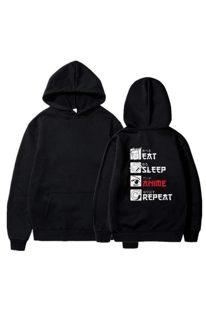 LAGOM MODA Eat Sleep Anime Repeat Sırt Baskılı Siyah Unisex Oversize Kapüşonlu Sweatshirt