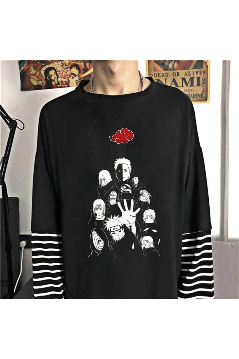 Naruto - Uchihas Baskılı Fake Sleeves Unisex Siyah T-shirt