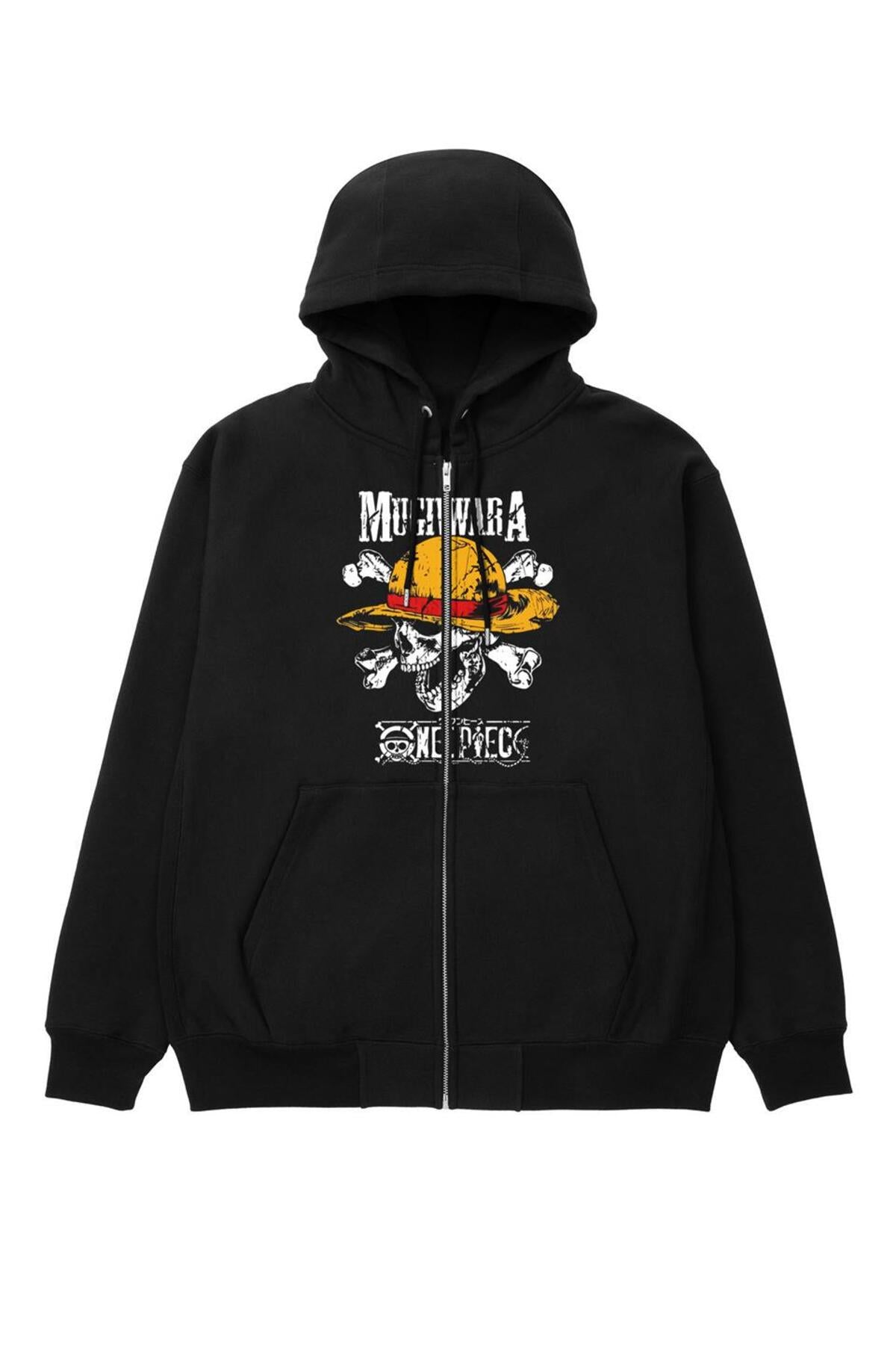 One Piece Mugiwara Baskılı Oversize Fermuarlı Siyah Unisex Kapüşonlu Hırka