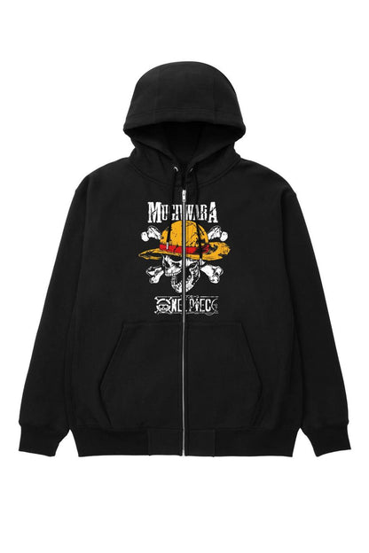 One Piece Mugiwara Baskılı Oversize Fermuarlı Siyah Unisex Kapüşonlu Hırka