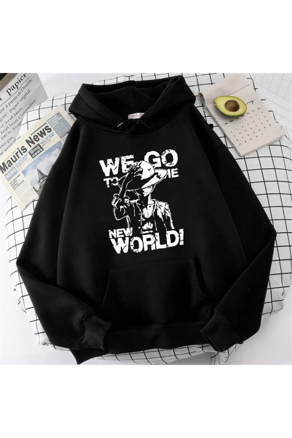 One Piece We Go Baskılı Siyah Unisex Oversize Kapüşonlu Sweatshirt