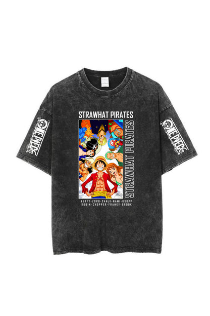 Yıkamalı Anime One Baskılı Unisex Oversize Vintage T-shirt