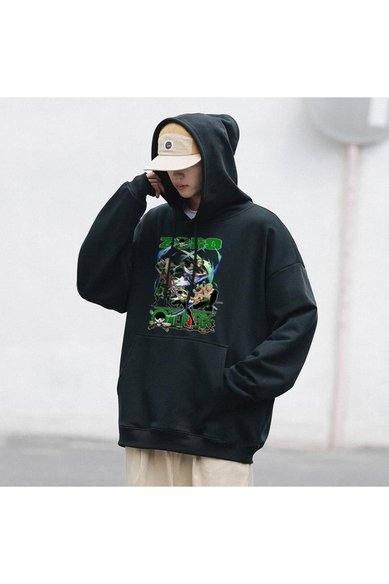 One Piece Zoro Swords Baskılı Siyah Unisex Oversize Kapüşonlu Sweatshirt
