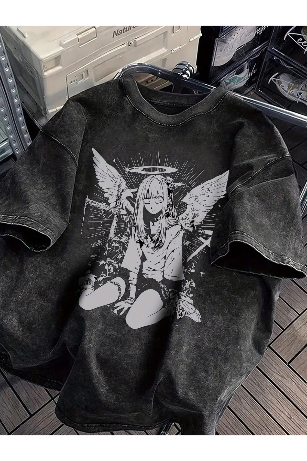 Grunge Dark Anime Baskılı Unisex Yıkamalı Vintage Oversize T-Shirt