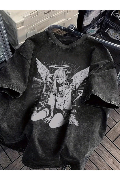 Grunge Dark Anime Baskılı Unisex Yıkamalı Vintage Oversize T-Shirt