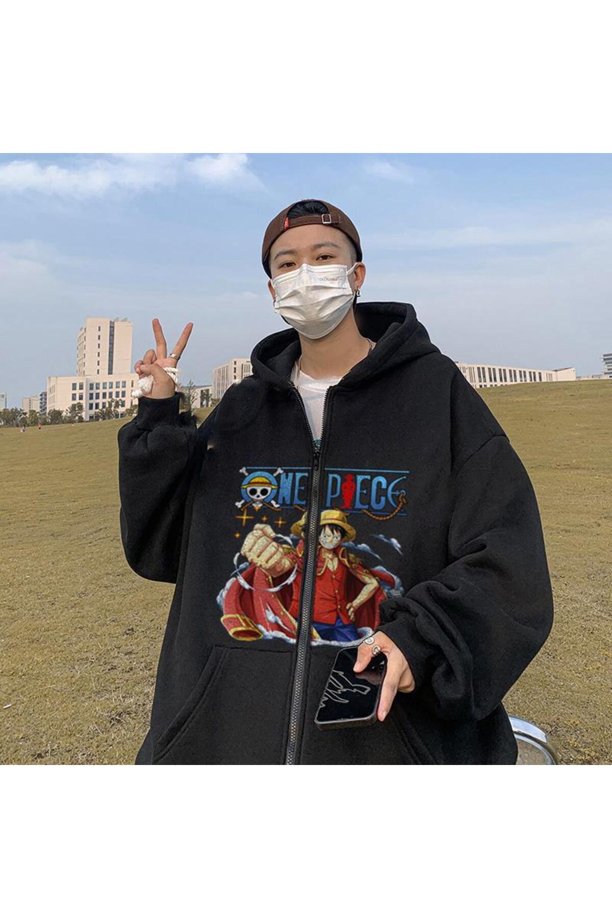 One Piece Fist Baskılı Oversize Fermuarlı Siyah Unisex Kapüşonlu Hırka