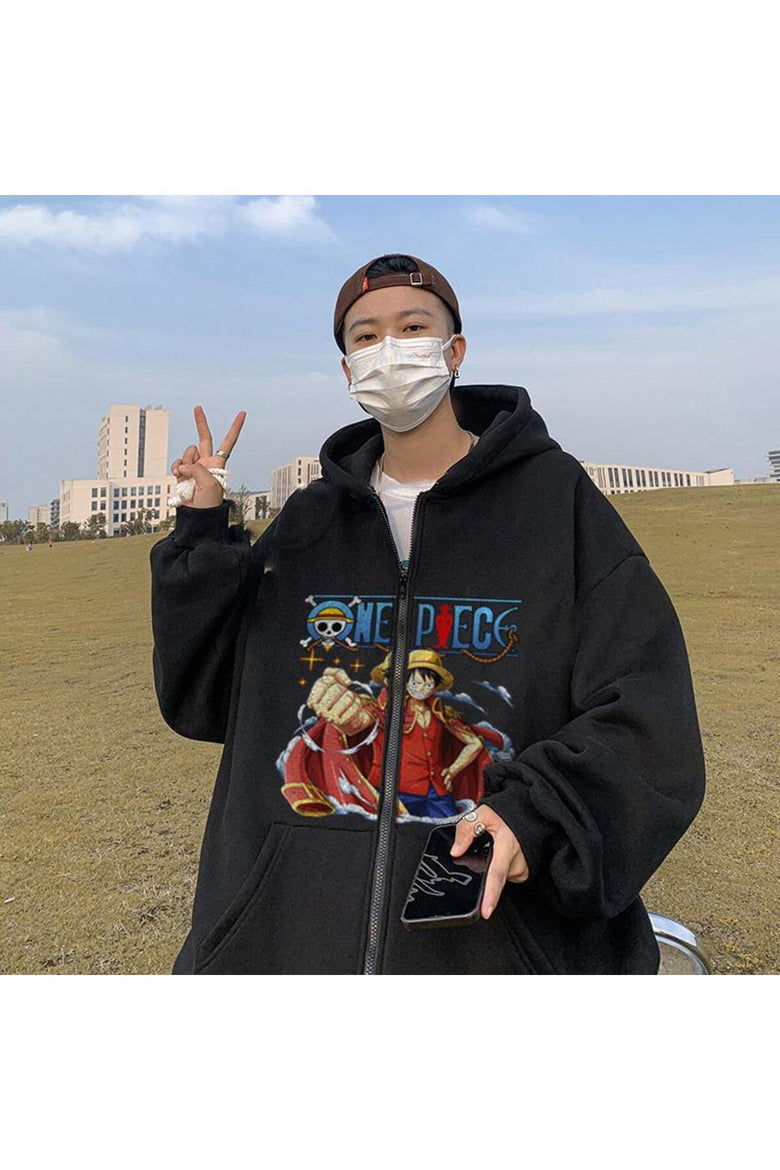 One Piece Fist Baskılı Oversize Fermuarlı Siyah Unisex Kapüşonlu Hırka