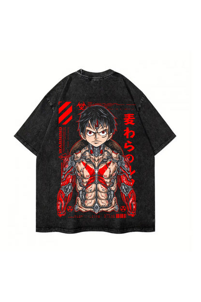 Yıkamalı Anime One Luffy Baskılı Unisex Oversize Vintage T-shirt
