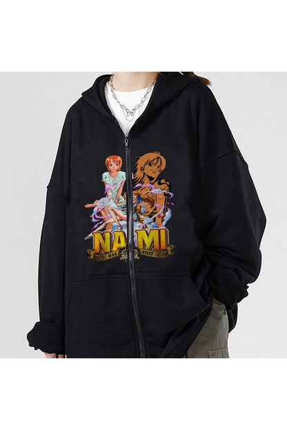 One Piece Nami Baskılı Oversize Fermuarlı Siyah Unisex Kapüşonlu Hırka