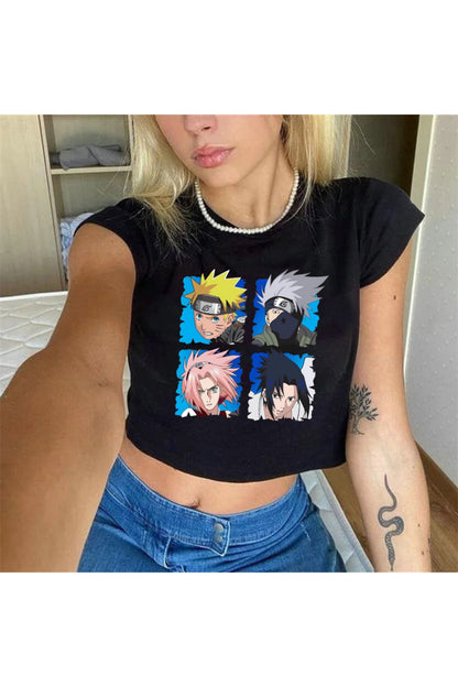 Eyl Anime Naruto Baskılı Siyah Crop