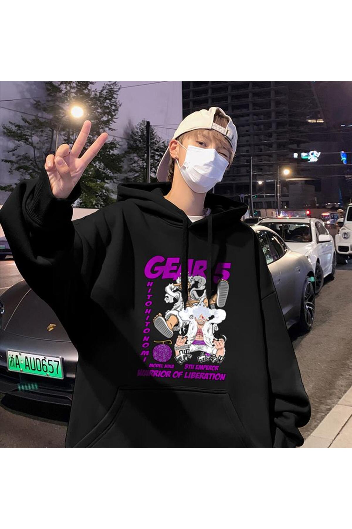 One Piece Gear 5 Baskılı Siyah Unisex Oversize Kapüşonlu Sweatshirt