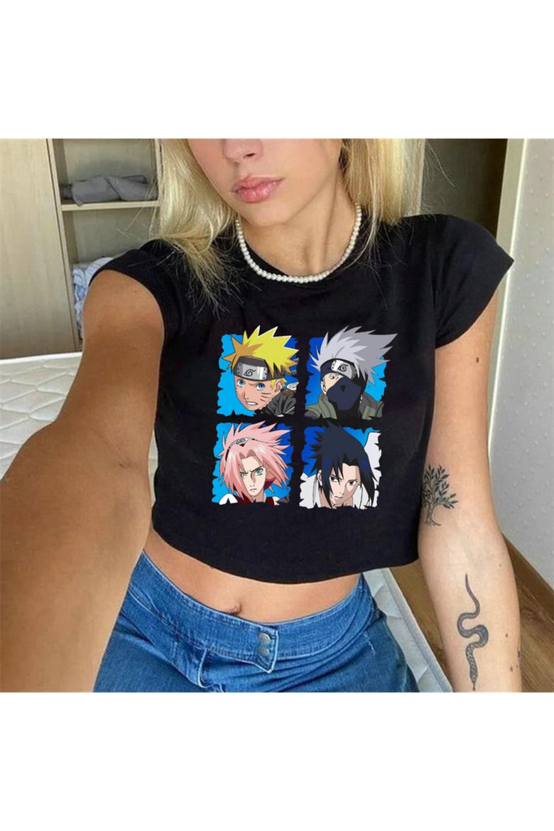 Eyl Anime Naruto Baskılı Siyah Crop
