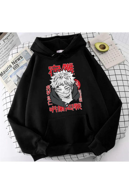 Jujutsu Kaisen Poster Baskılı Siyah Unisex Oversize Kapüşonlu Sweatshirt