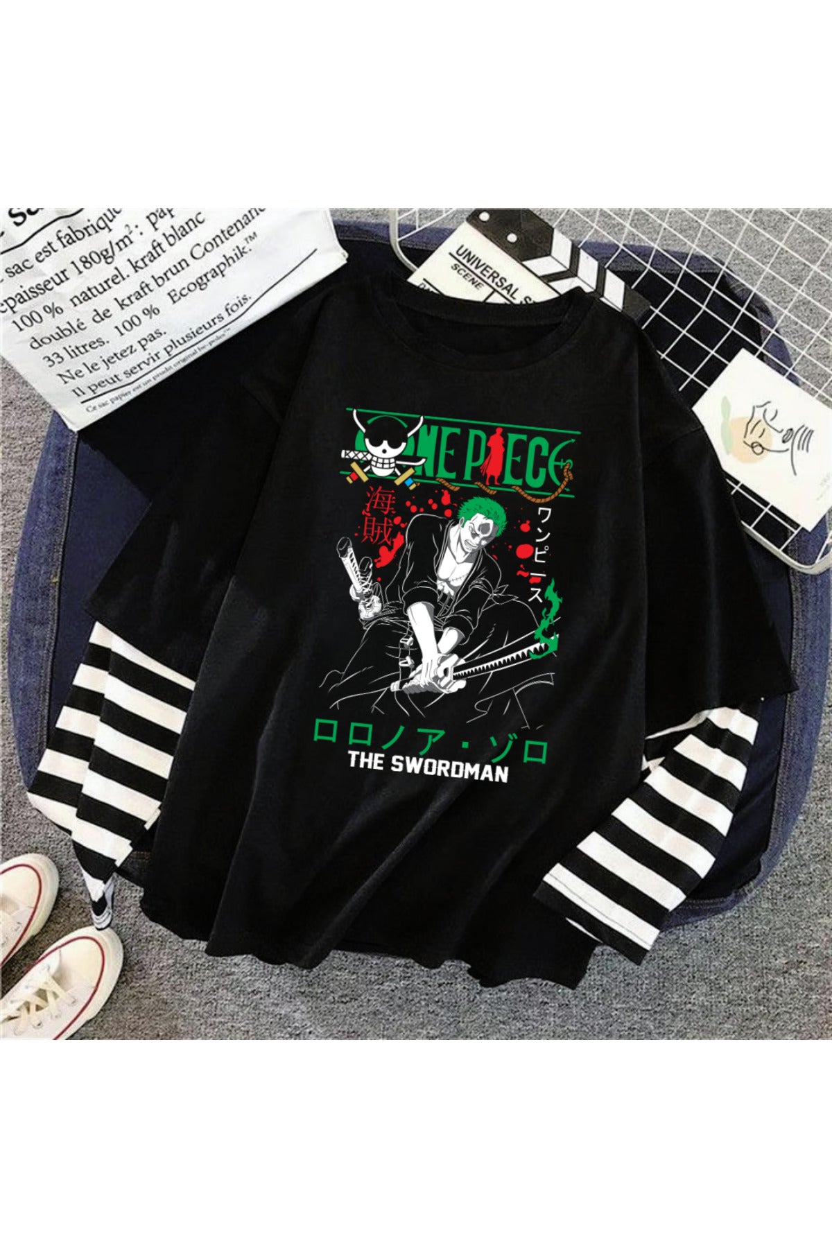 Harajuku Anime One Piece Fake Sleeves Unisex Fake Kollu Siyah T-Shirt