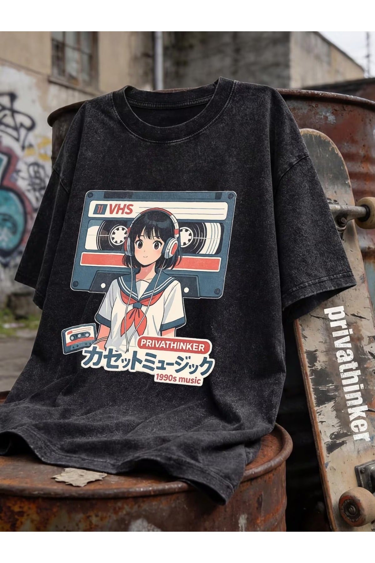Retro Anime Girl VHS Unisex Yıkamalı Vintage Oversize T-shirt