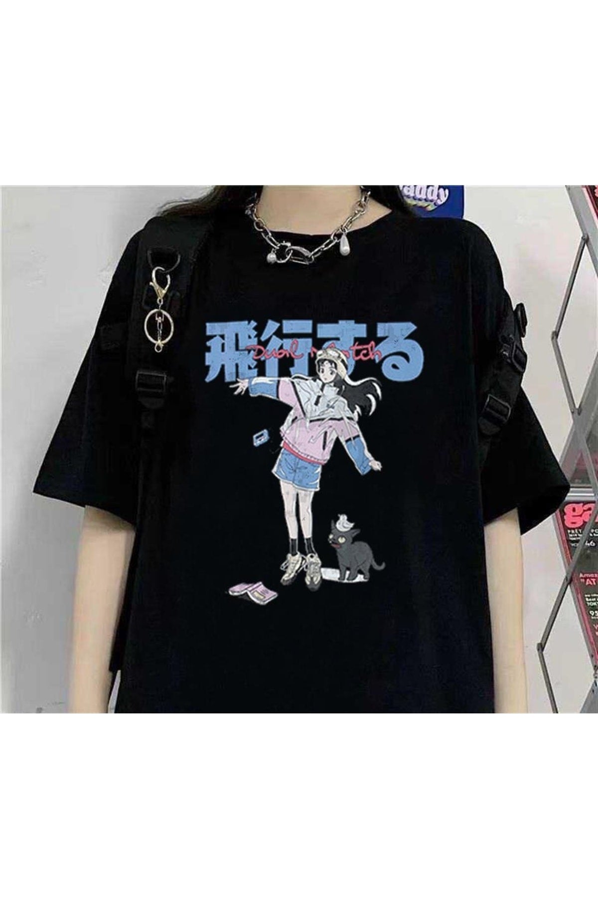 Anime Girl & Cat Siyah Unisex Oversize T-shirt