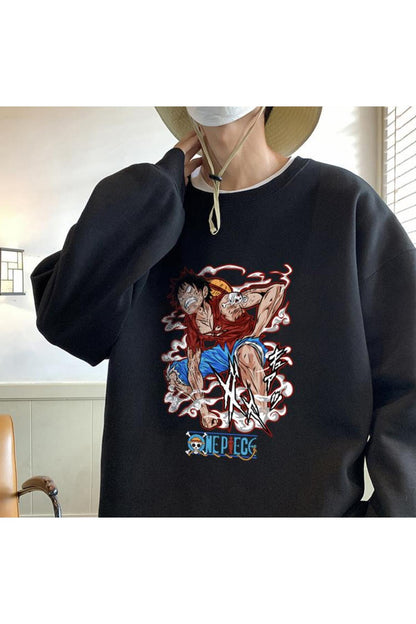 One Piece Angry Baskılı Siyah Unisex Oversize Bisiklet Yaka Sweatshirt