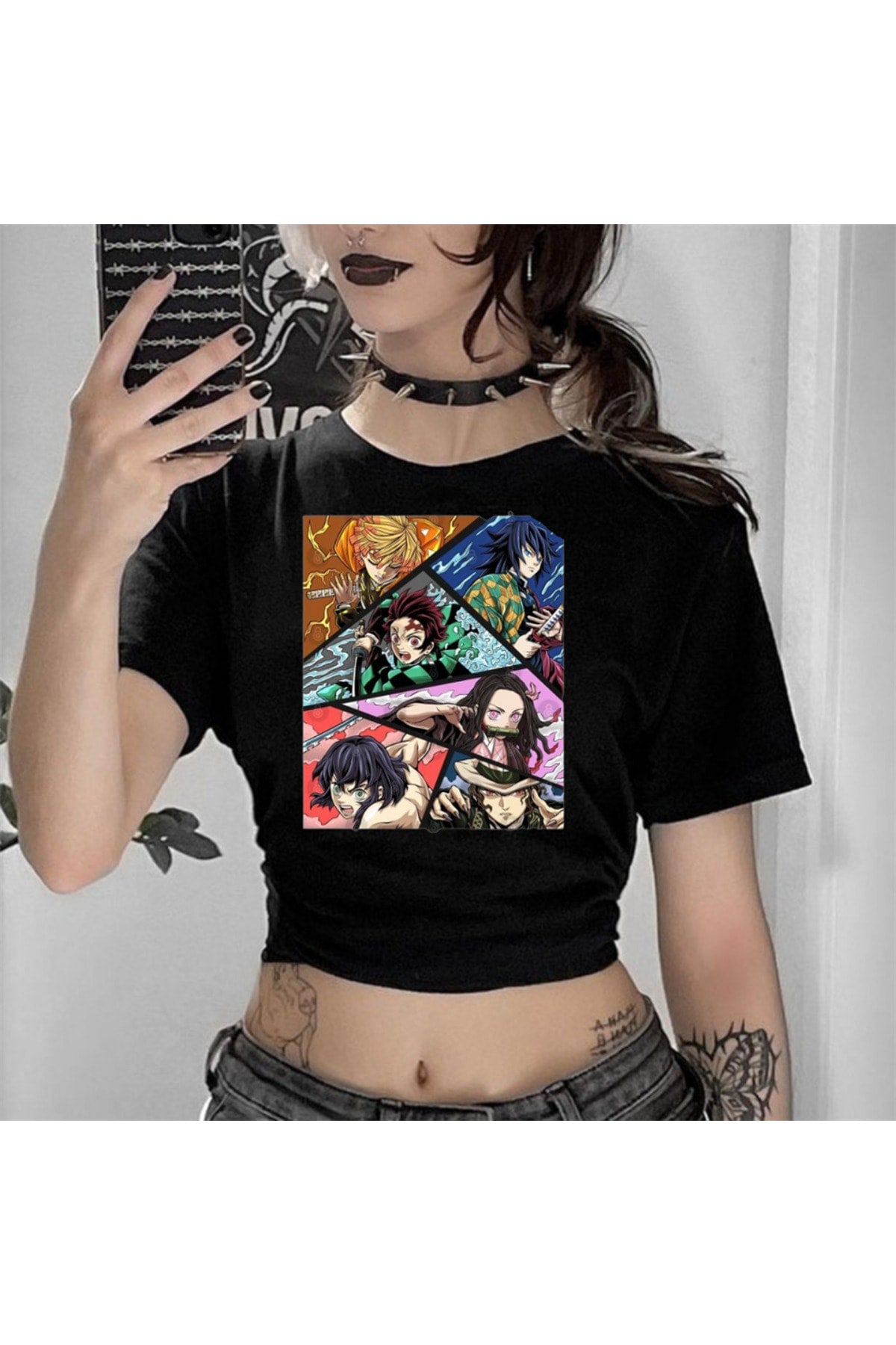 Eyl Anime Deoman Slayer Kolaj Baskılı Siyah Crop