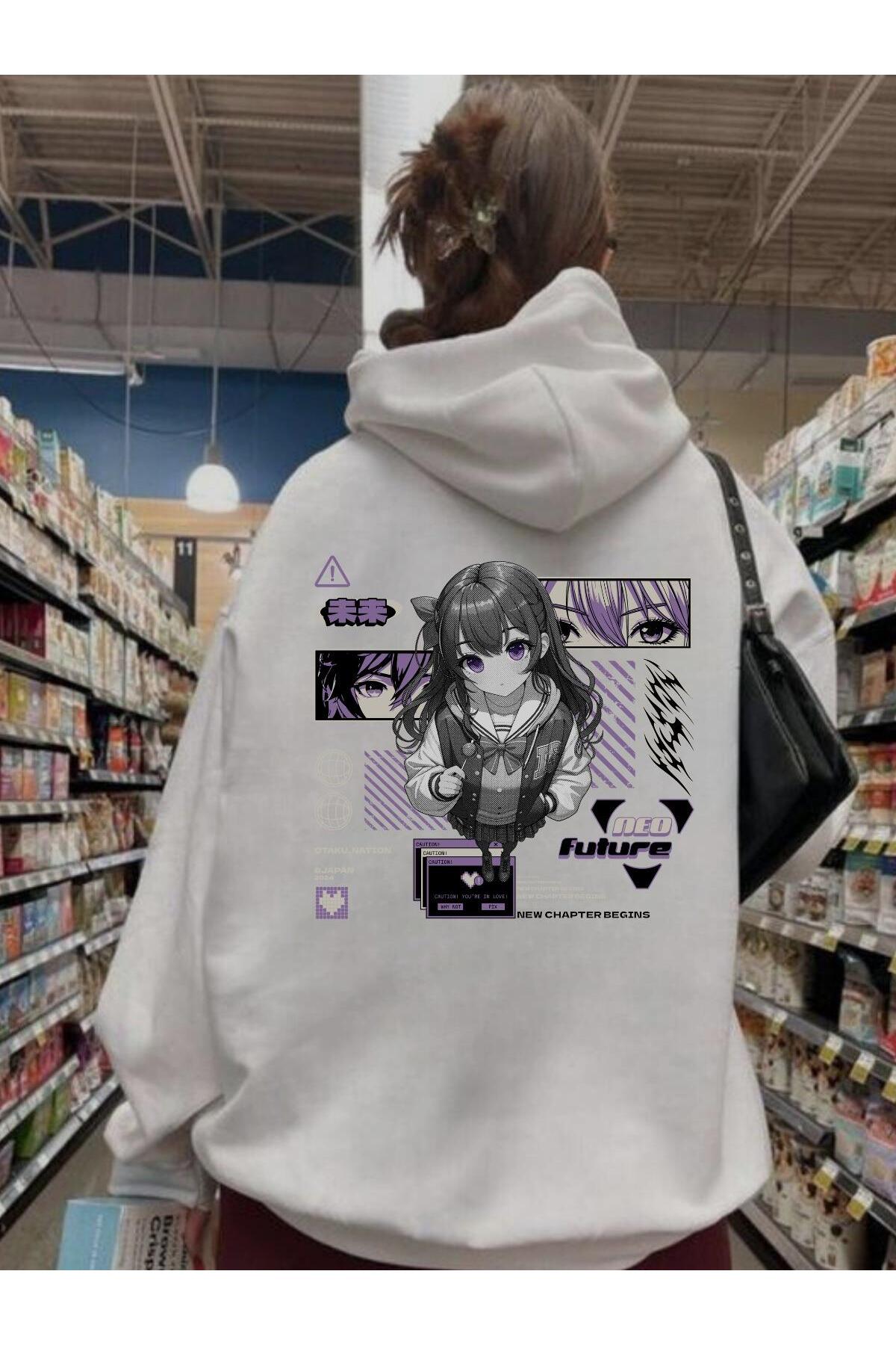 Harajuku Anime Girl Baskılı Beyaz Kapşonlu Sweatshirt