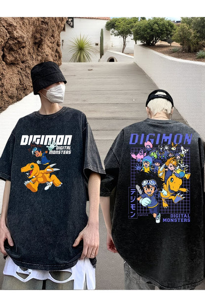 Anime Digimon Baskılı Unisex Yıkamalı Vintage Oversize T-Shirt